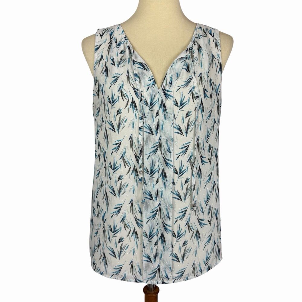 White House Black Market Palm Leaf  Print Swiss Dot Tie Neck Sleeveless Top Sz 8